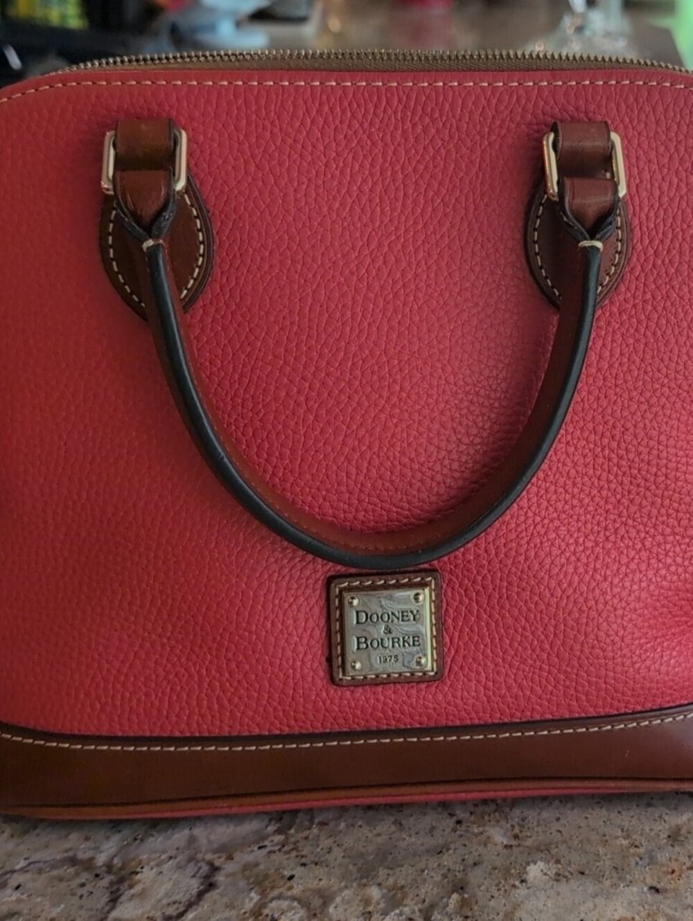 Dooney & Bourke Red Pebble Leather Dome Satchel with Brown Trim